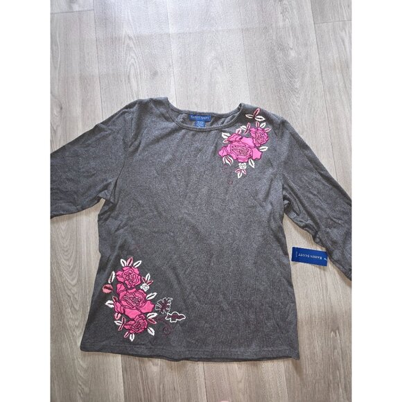 Karen Scott Womens Floral Embroidered Top Gray XL NWT - Picture 3 of 7
